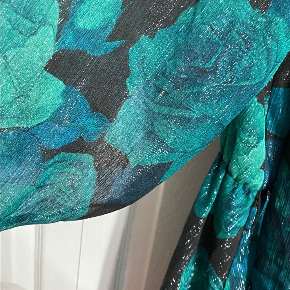 Festive Enfocus petite floral green & silver sparkle sheer lined dress size 14P - Picture 11 of 14